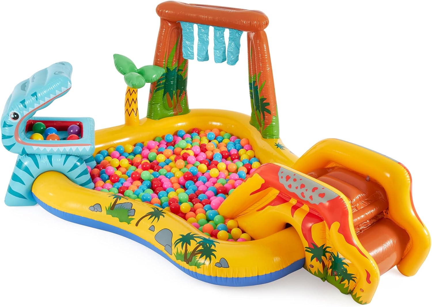 Inflatable Dinosaur Play Center Outdoor Playhouse Inflatable Water Park with Kid Pool Slide, Water Sprayer, Waterfall, and 6 Balls, Multicolor